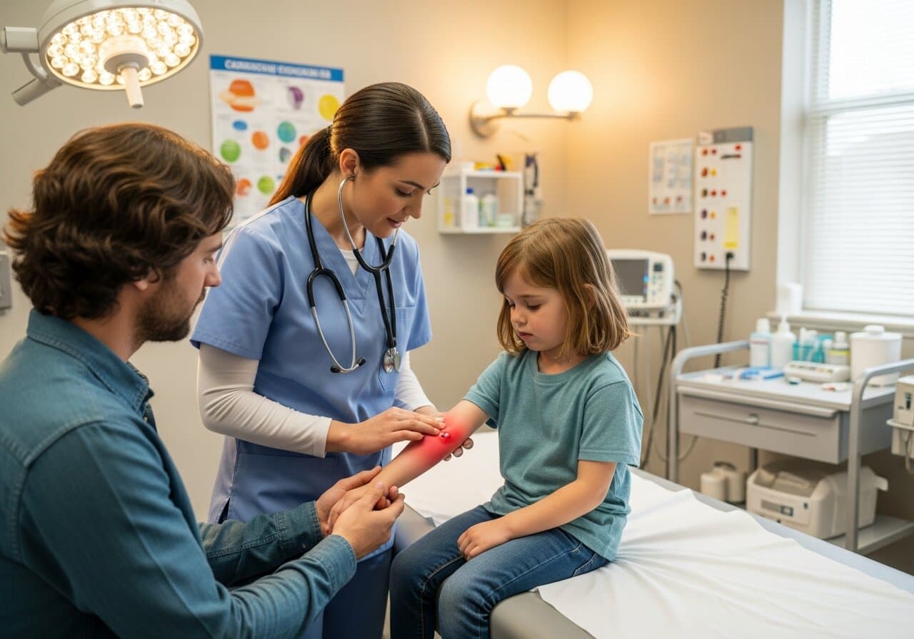 Pediatric nurse examining child's arm at a medical office, representing evaluation of skin infection like cellulitis
