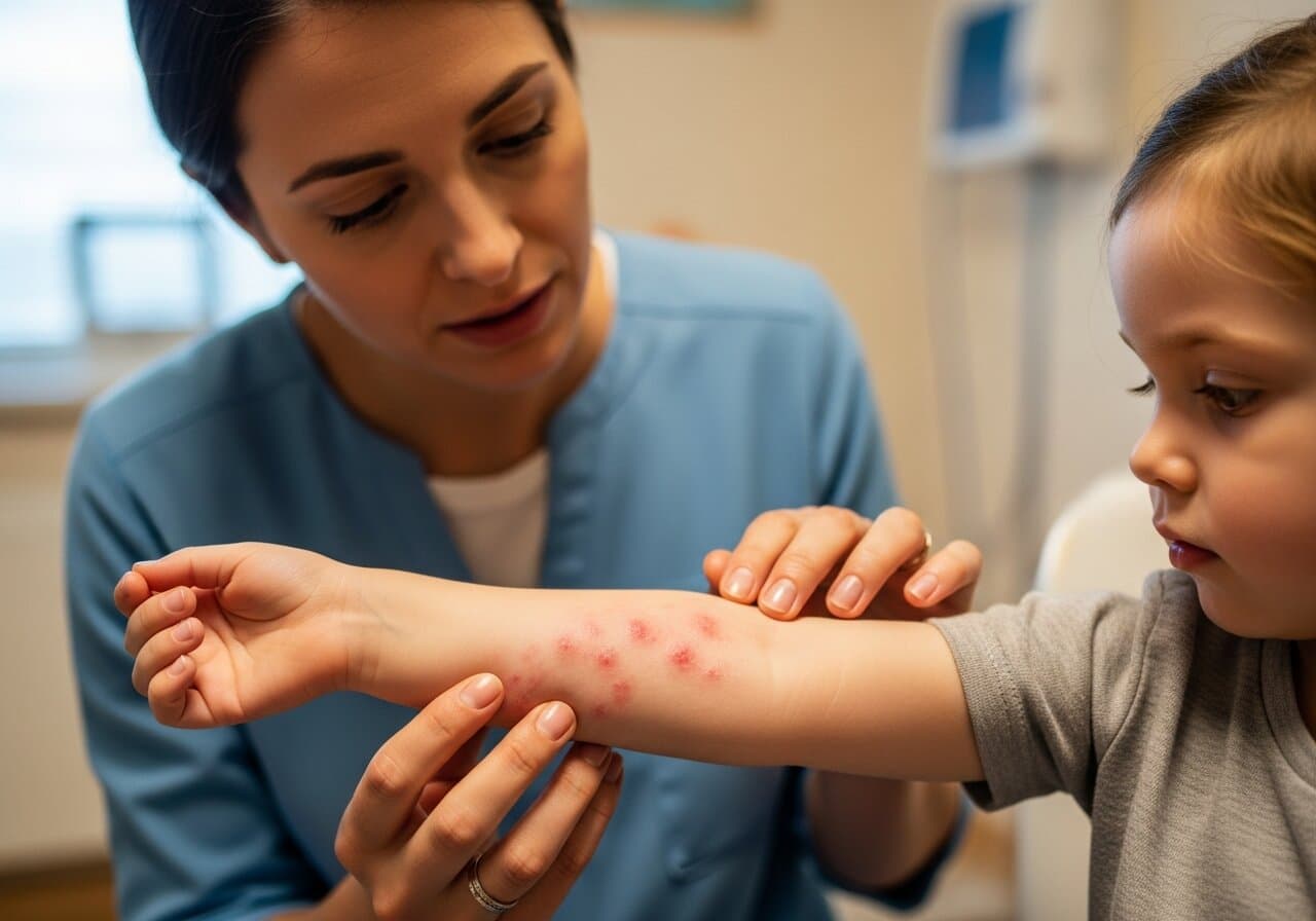 Child with red hive welts on arm, illustrating urticaria allergic skin reaction in children