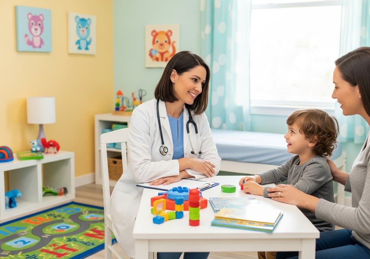 Healthcare provider examining child's skin at pediatric office, representing molluscum contagiosum evaluation