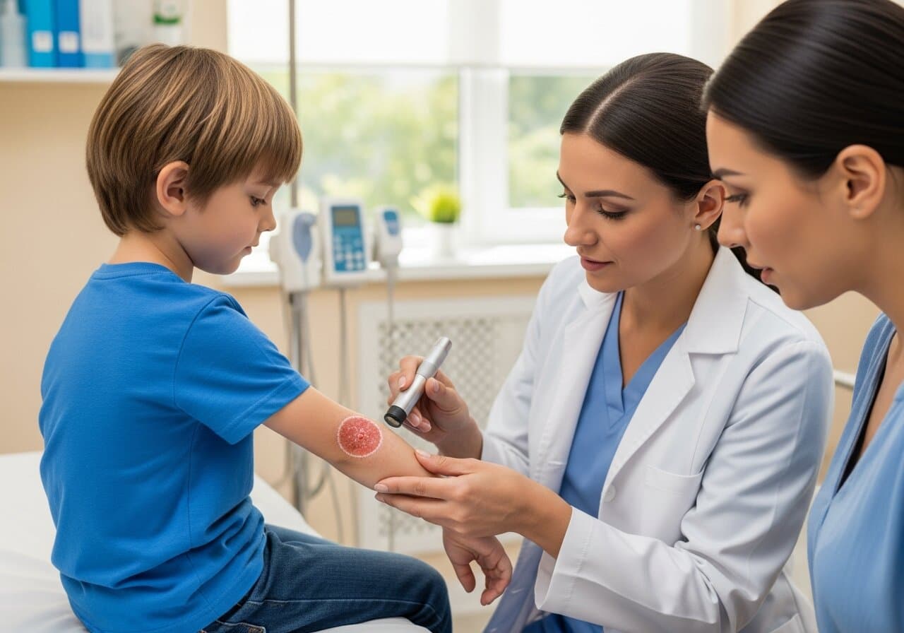 Child with a circular rash pattern on the skin illustrating tinea corporis (ringworm) fungal infection