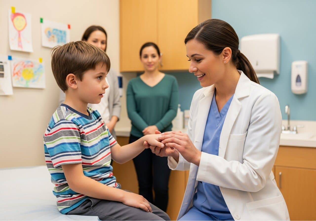 Close-up of a child's hand with a small wart on the finger, illustrating common childhood skin condition